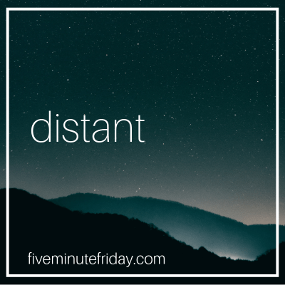 The word distant on a landscape of mountains in the dark.