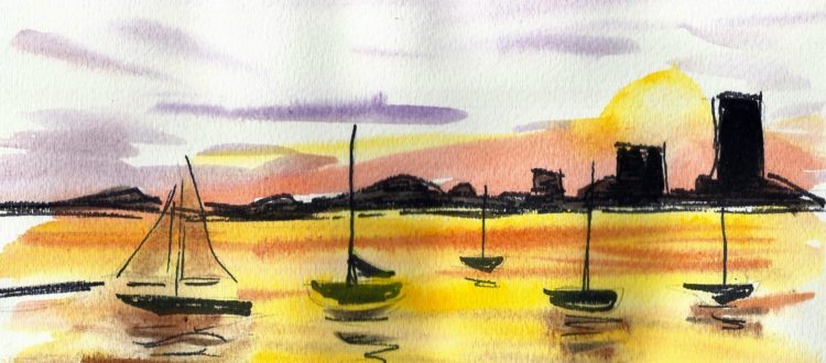 Sailboats on a lake under a purple sky.