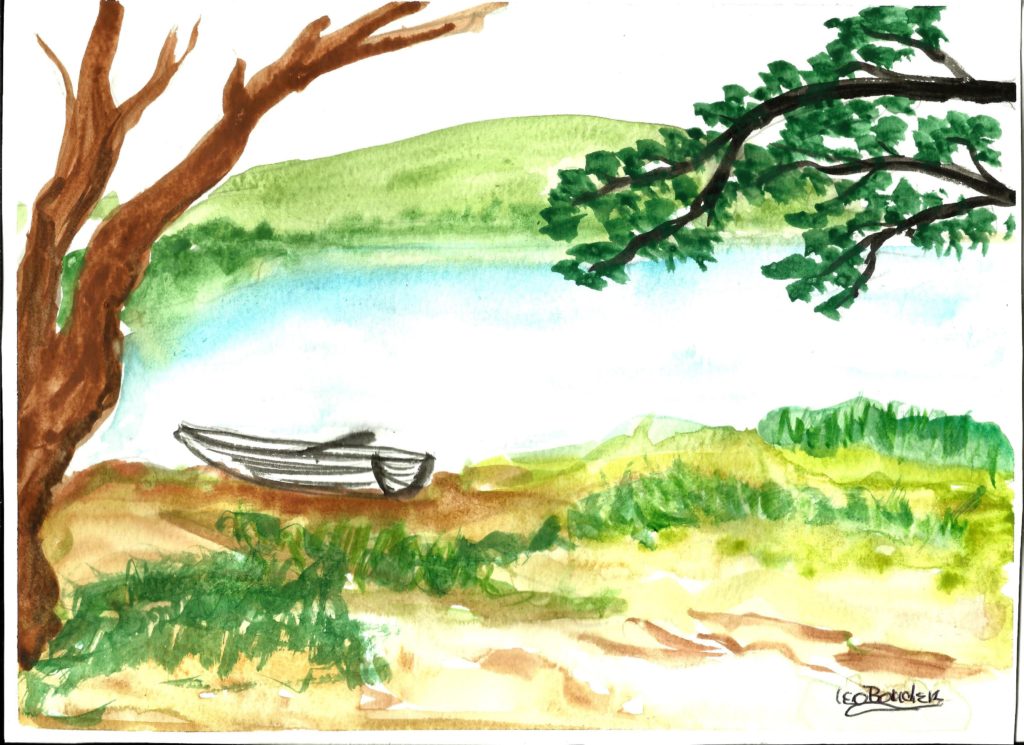 Watercolor of a boat by a lake with trees on either side. Atmospheric of summer and relaxation.