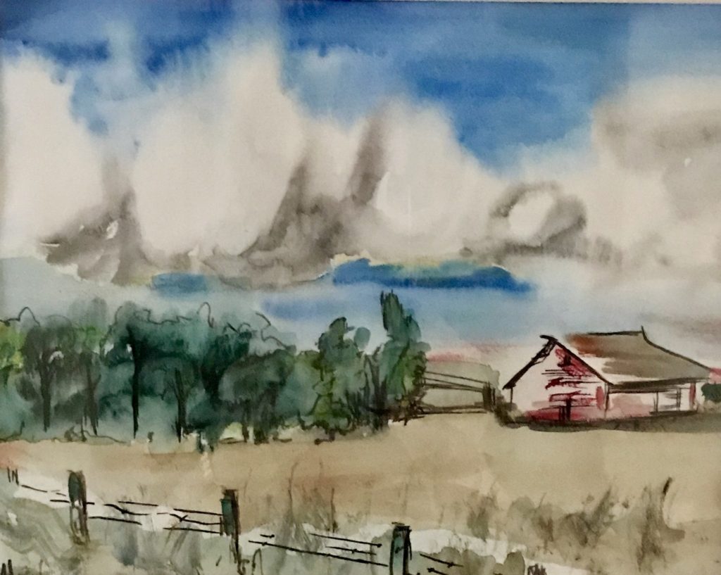 A watercolor farm scene with fluffy clouds over a red farmhouse and trees with a fence in the front.