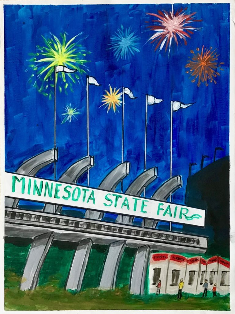 A painting of the gates at the Minnesota State Fair with fireworks in the background.