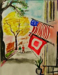 An autumn scene of a street with two figures in the distance and an American flag and another flag in the foreground.