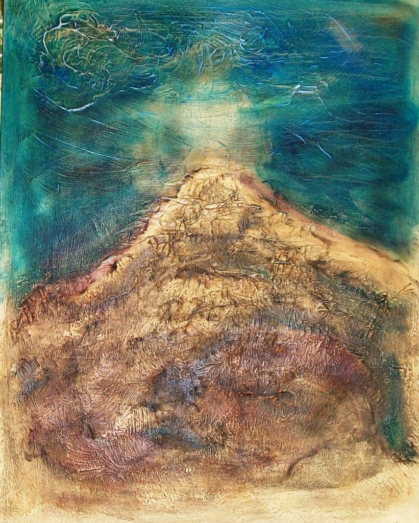 An abstract acrylic painting of a mountain with shades of brown with swirling blue skies and the hint of light at the top of the mountain. 