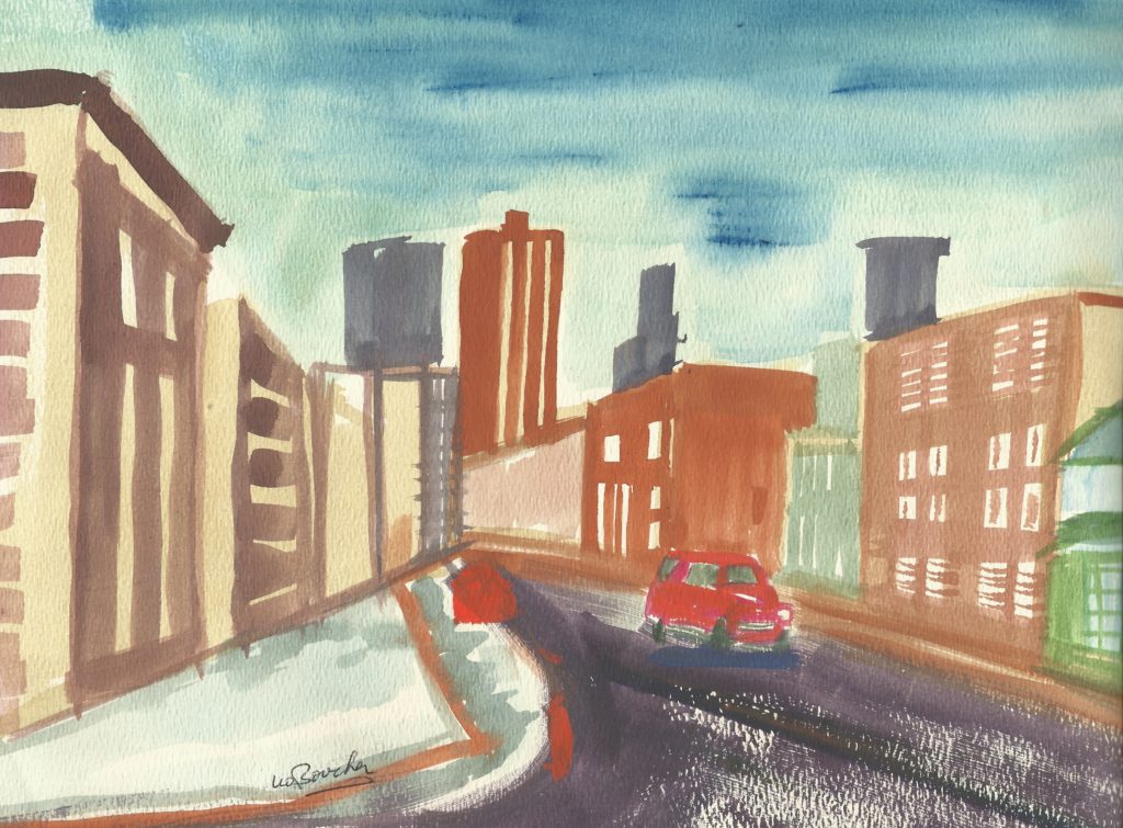 A cityscape of Minneapolis with a red truck driving along on its own.