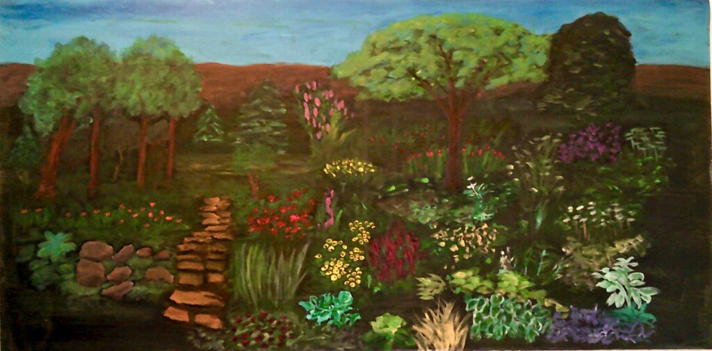A painting of a garden at twilight, with shades of dark and light and many plants with trees in the background.