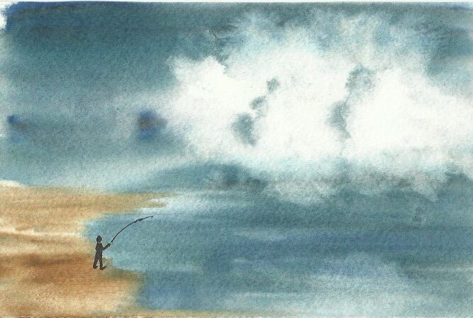 A watercolor of a man fishing on the shore with big blue clouds merging the sky and water.
