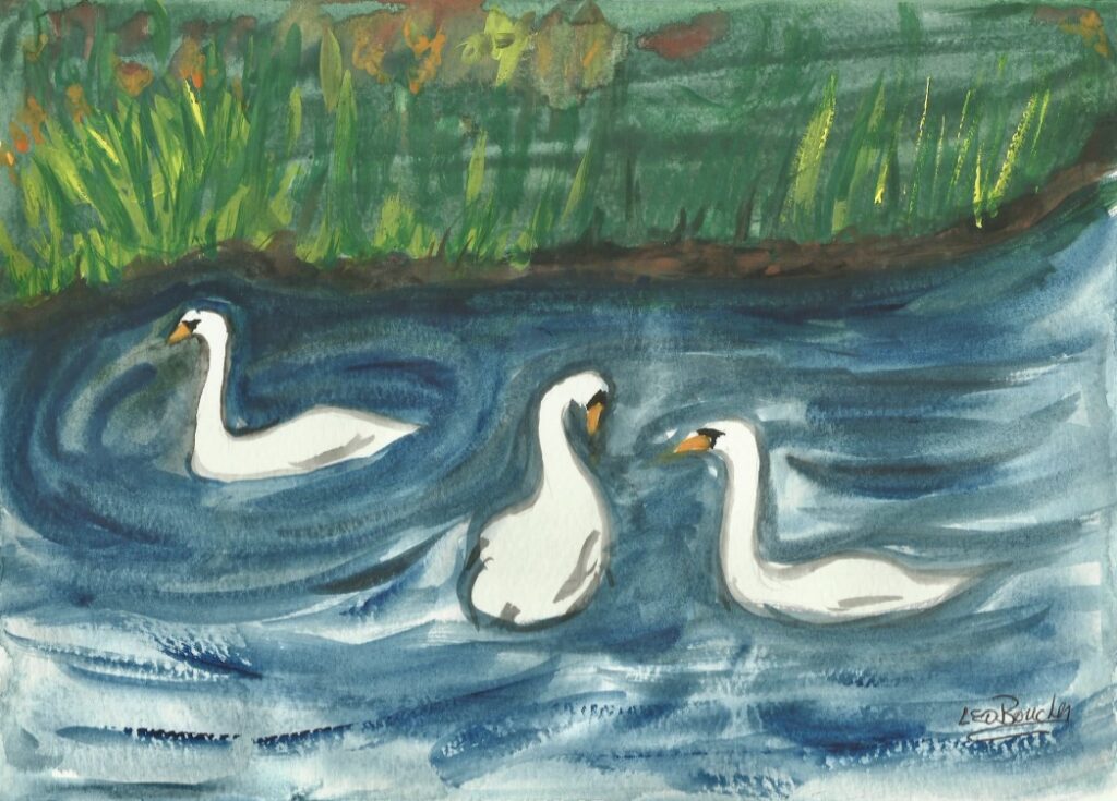 Three swans, with two facing each other, in a river with weeds in the background.