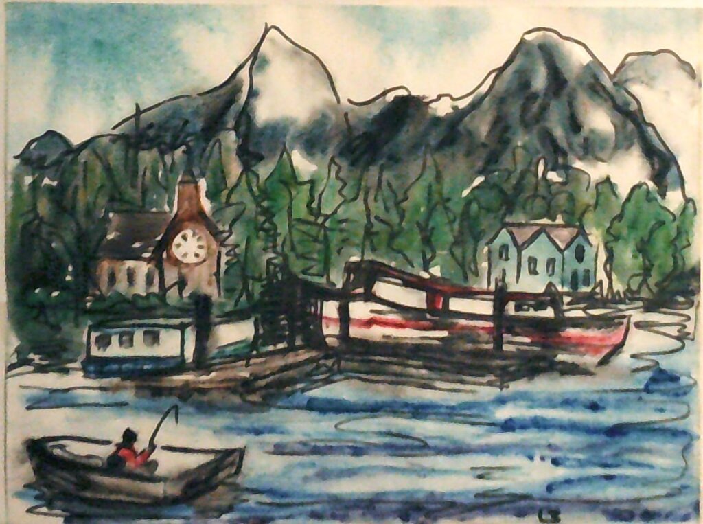 An abstract watercolor with ink with a man in a boat fishing in the foreground and a little village in front of some trees and hills in the background.