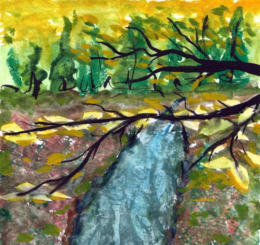An abstract painting of a stream with the branches of a tree hanging over it.