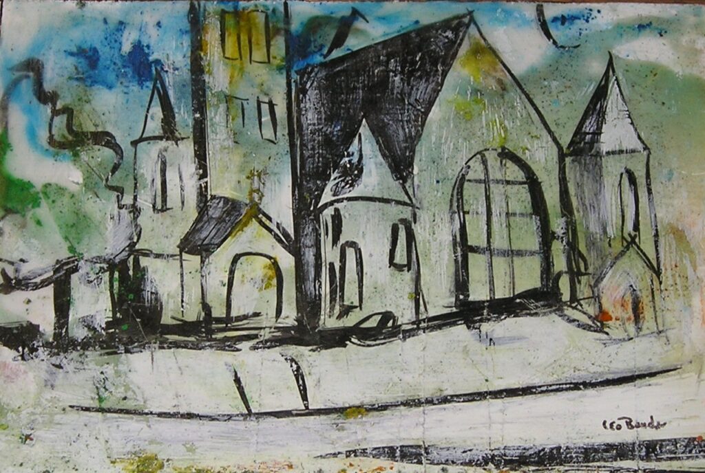 An ink and wax painting of a many-turreted church.