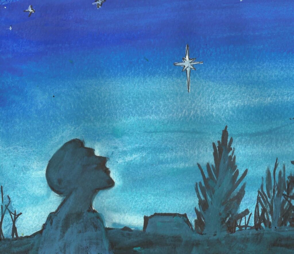 Image - watercolor of a blue landscape with a silhouette of a person looking up to a morning star.