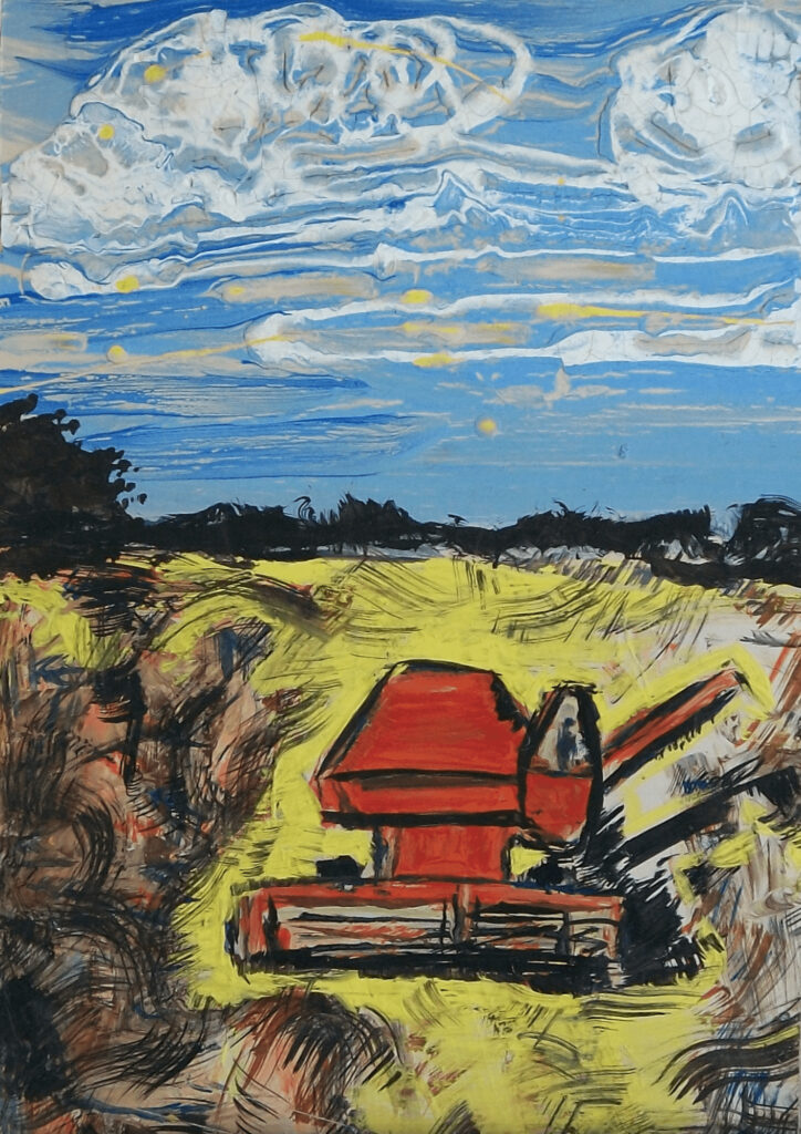 A large acrylic painting of a big red combine out in the yellow fields, under a cloudy blue sky.