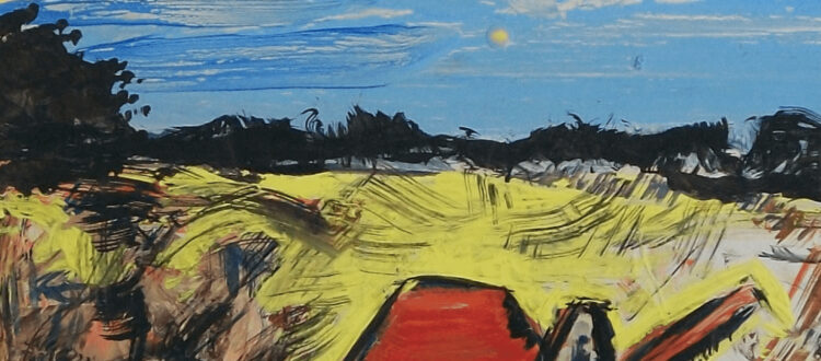 A large acrylic painting of a big red combine out in the yellow fields, under a cloudy blue sky.