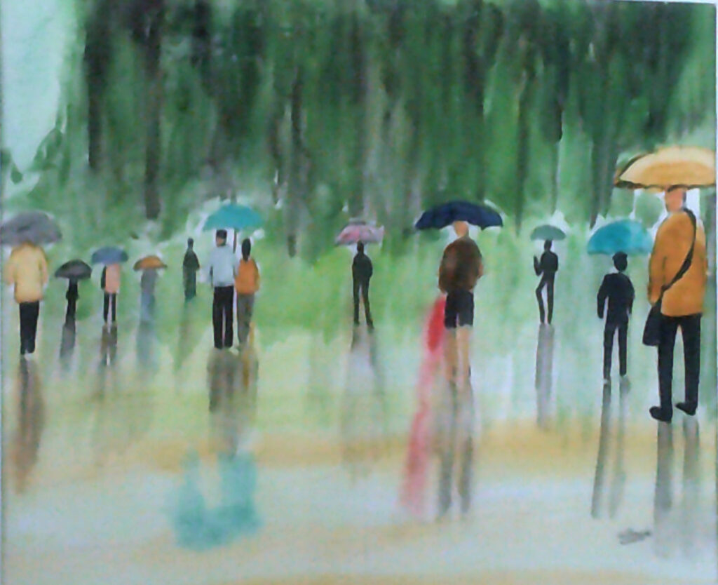 An evocative watercolor of people dotted around with umbrellas in the rain.