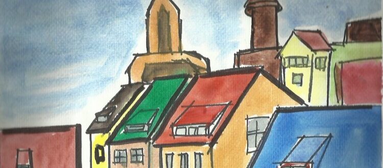 A painting of colorful buildings in Prague, with a church spire in the background.