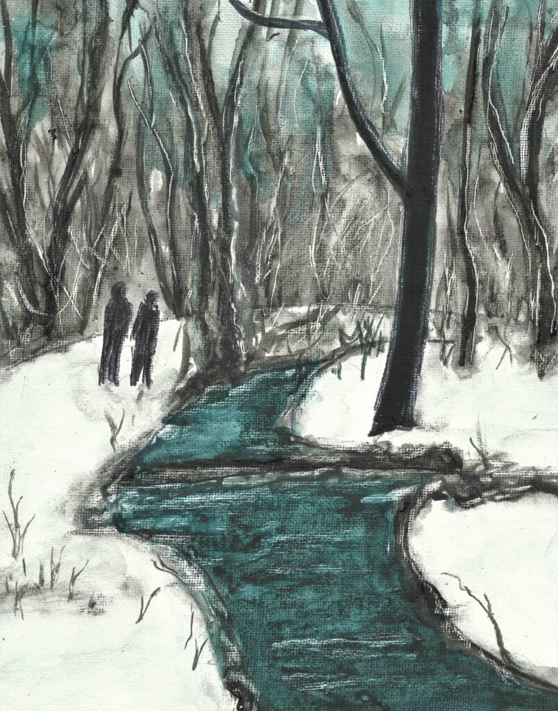 A watercolor of a stream in wintertime, with snow on either side and stark trees in the background, with two figures in the distance.