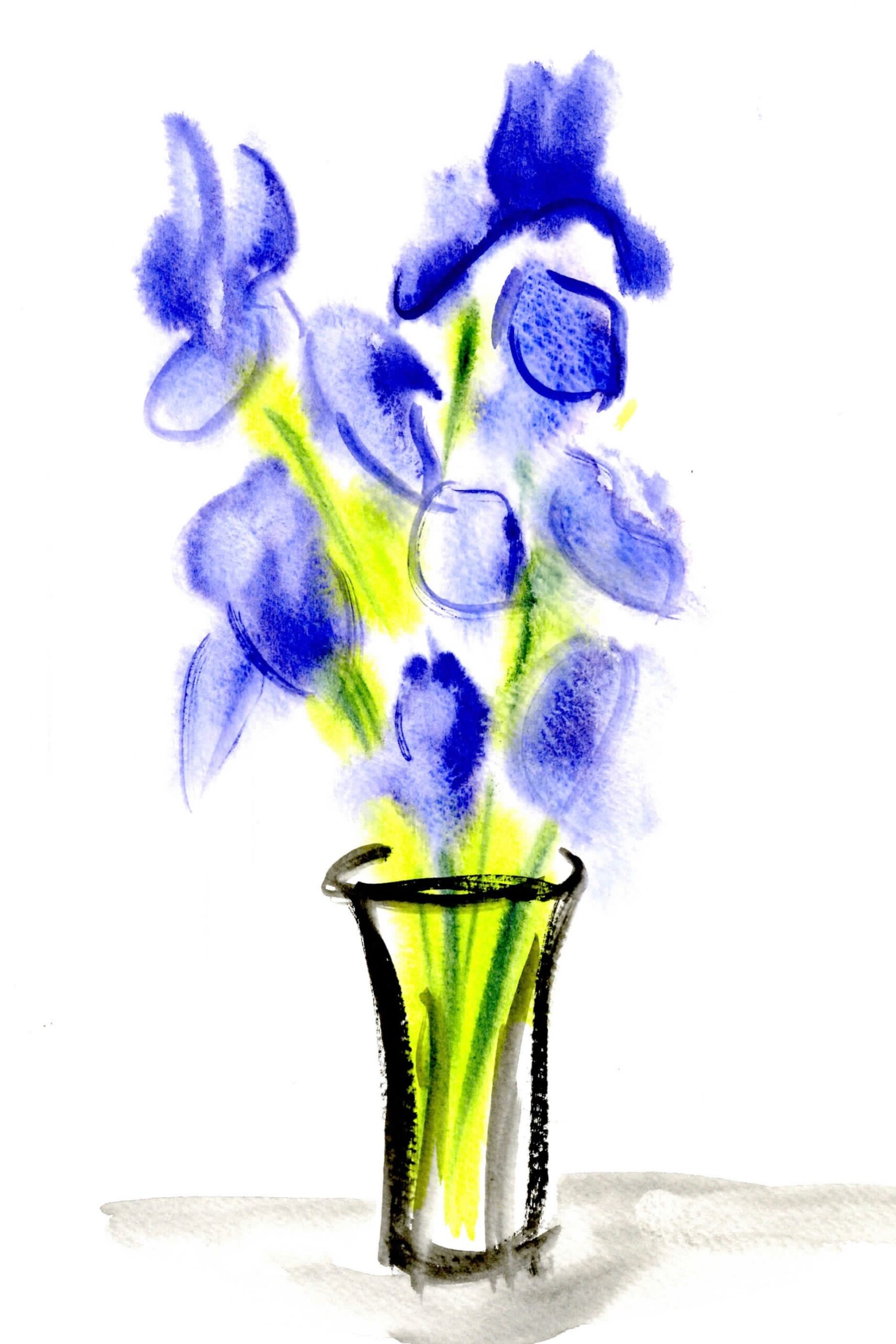 A watercolor painting of a vase of purple flowers.