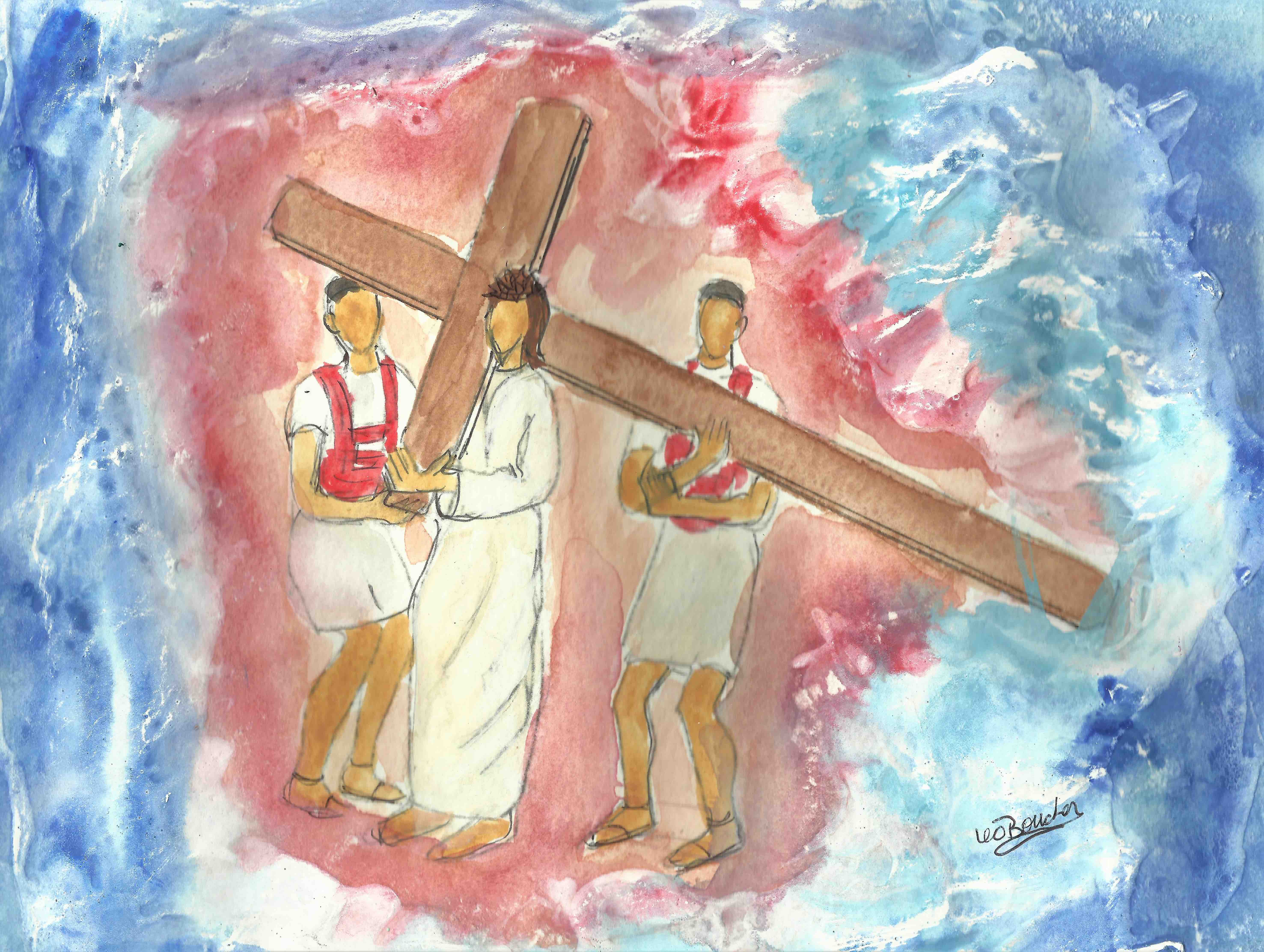 A watercolor rendition of Jesus carrying his cross with 2 soldiers helping him, with splotches of red and blue surrounding the three figures.]