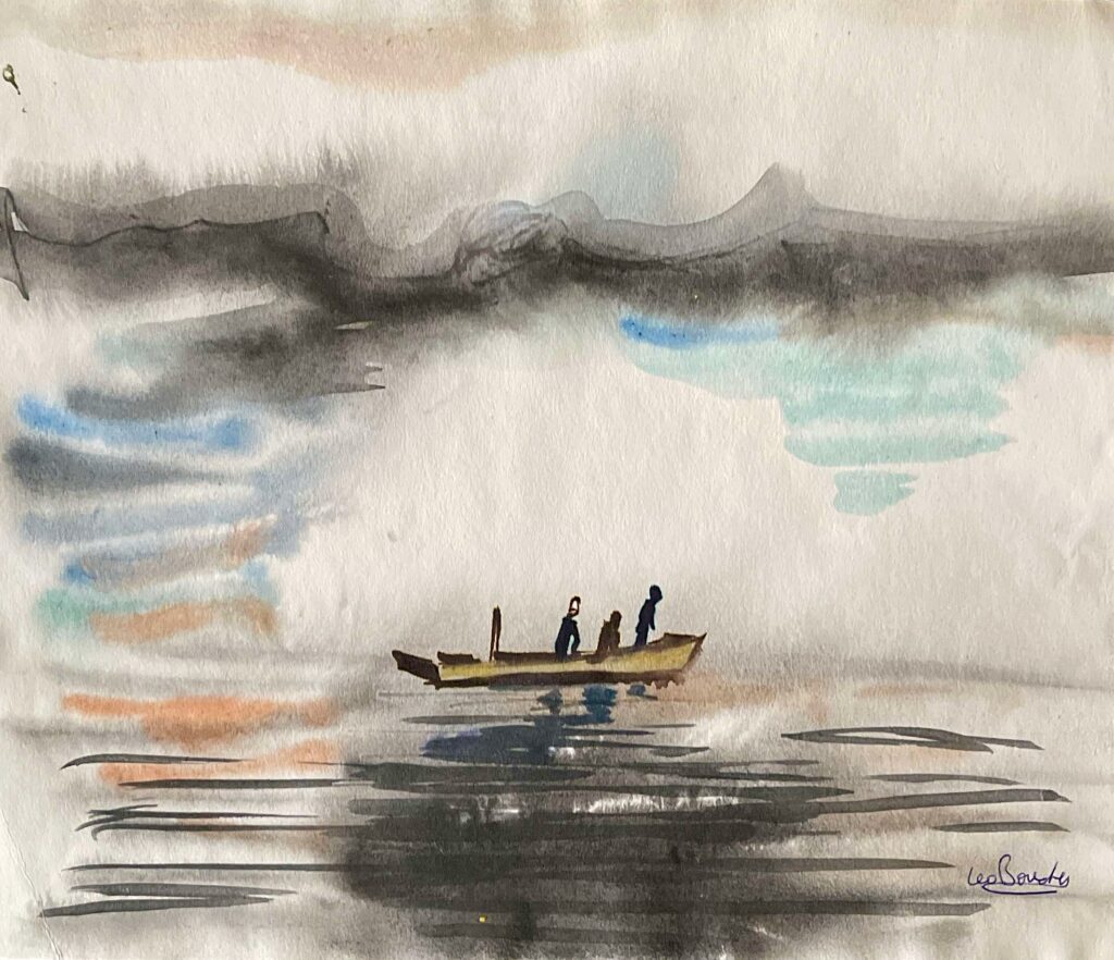  An atmospheric watercolor painting of a boat with three figures all looking ahead. The clouds hang low with mist. The browns and blacks of the painting give a heavy sense.